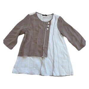 Yushi Medium White Beige Color Block Crinkle Tunic Artsy Langenlook 3/4 Sleeve